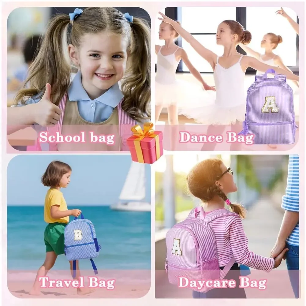 Pink Seersucker Kids Backpack with Initial Letter | Toddler Preschool Girl Bag